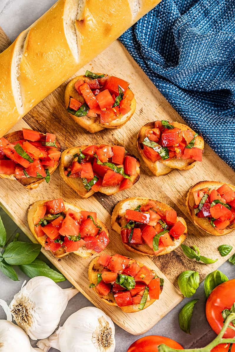 Overhead view of bruschetta.