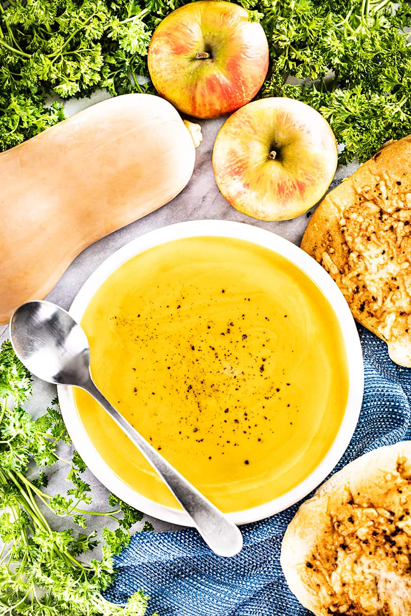 Overnight view of a bowl of butternut squash soup.