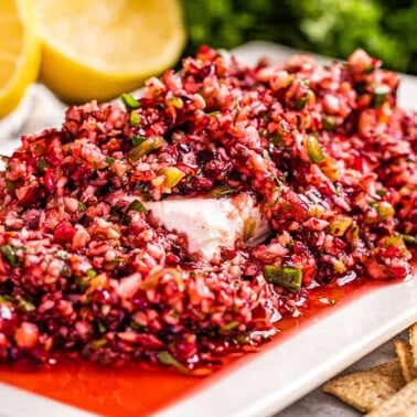 A serving plate full of cranberry salsa on top of a block of cream cheese.