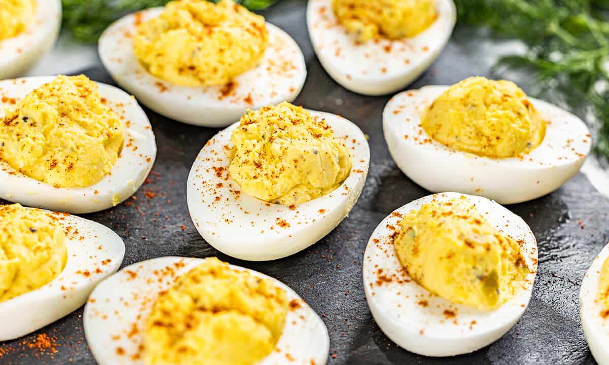 Close up view of deviled eggs.