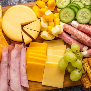 Overhead view of a simple charcuterie board.