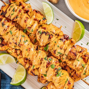 Overhead view of chicken satay with peanut dipping sauce.