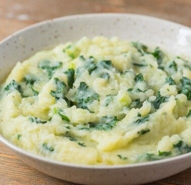 Colcannon in a white bowl.