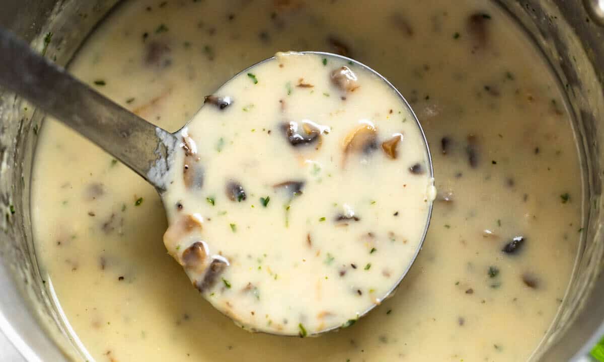 A close up view of a ladle scooping out cream of chicken soup from the pot.