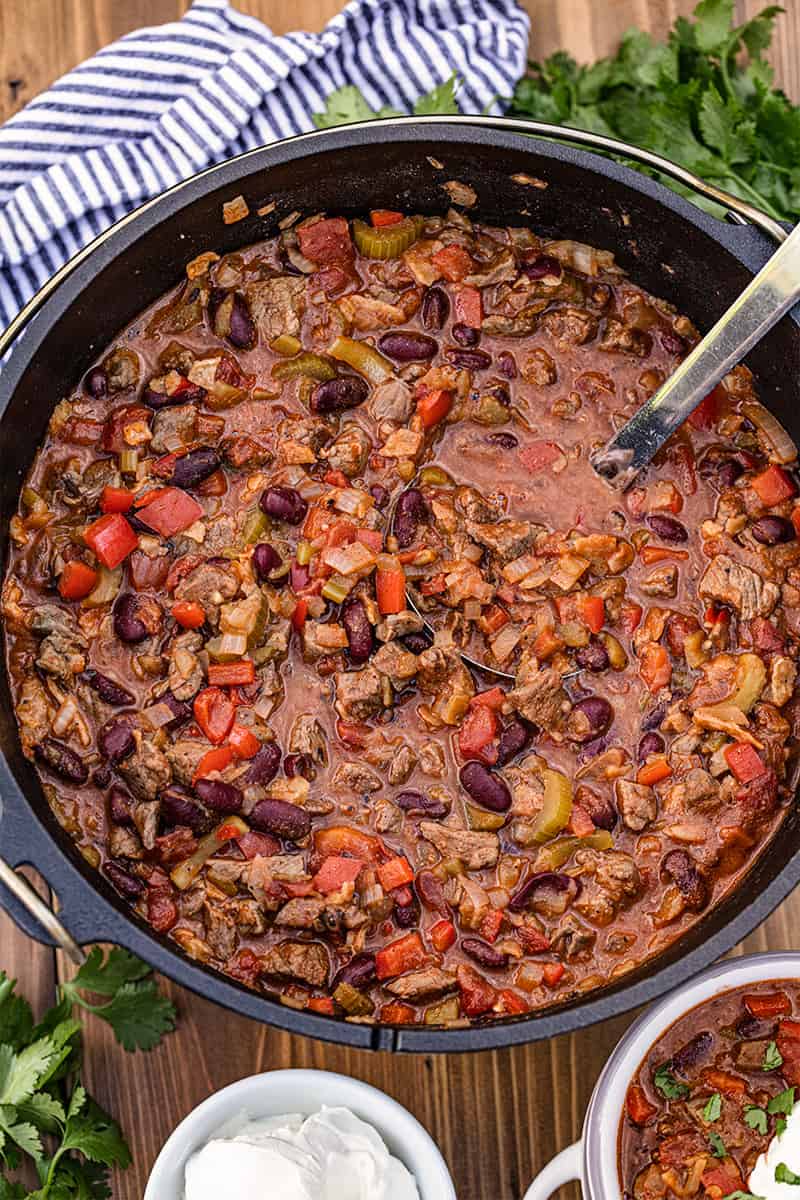 Bird's eye view of Chili in a Cast Iron Dutch Oven with a metal ladle in it.