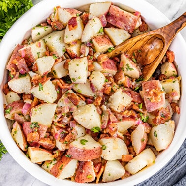 Overhead view of a bowl of German potato salad.