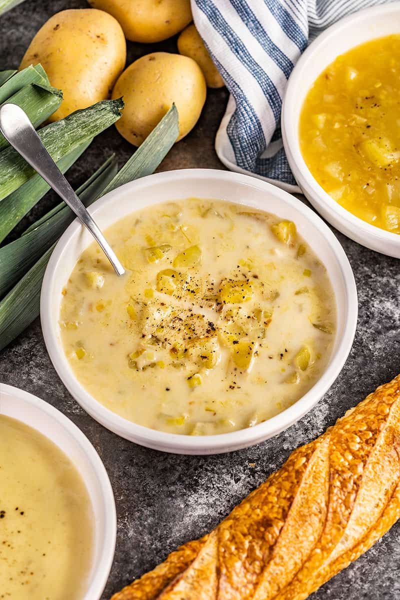 A bowl of potato leek soup.