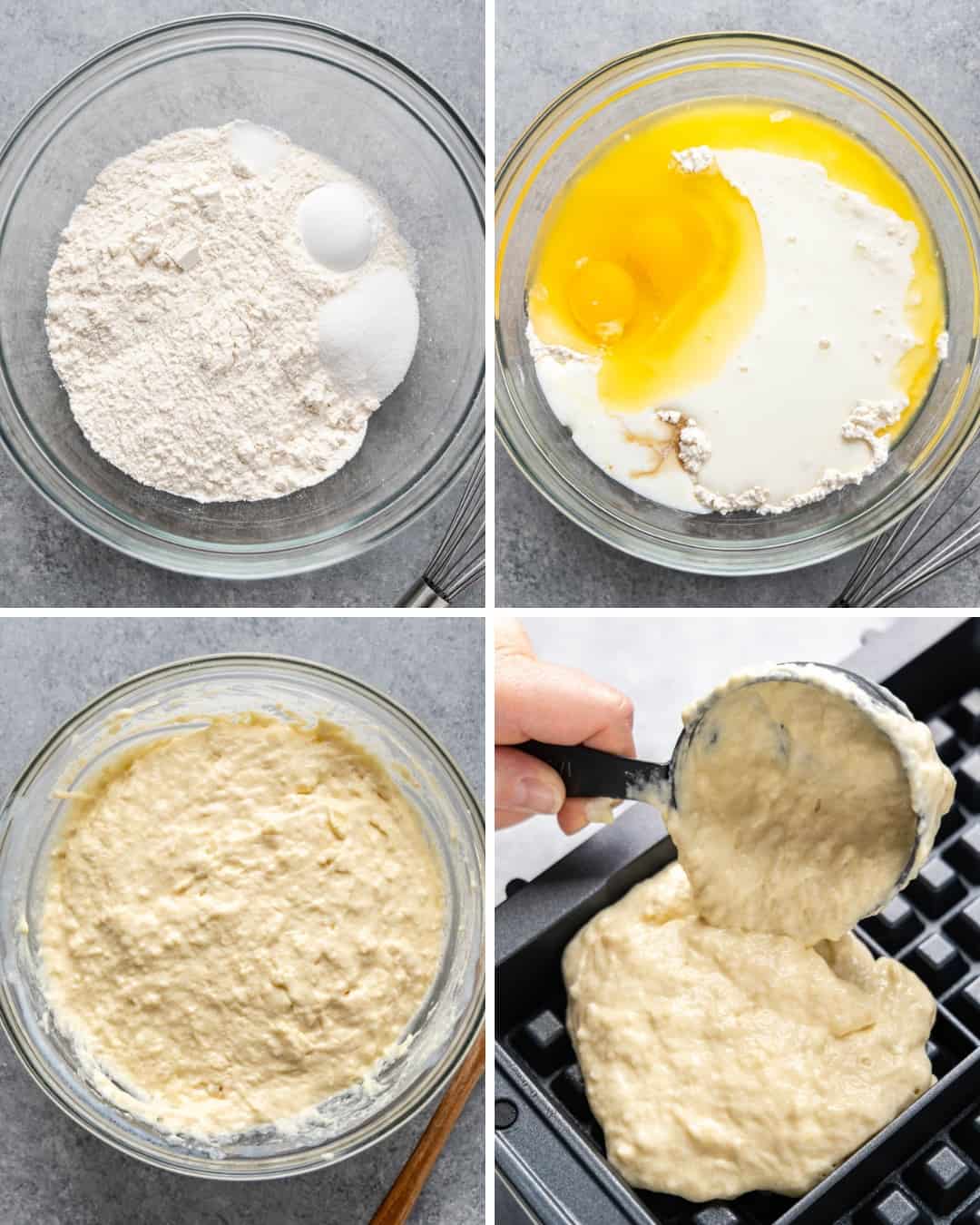 A collage of four images showing the process of how to make homemade waffles from start to finish.