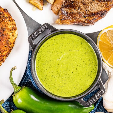 Overhead view of a bowl filled with Rachel's green sauce.