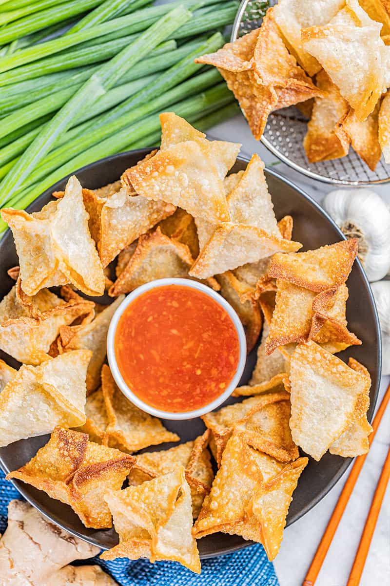 Overhead view of sausage wontons.