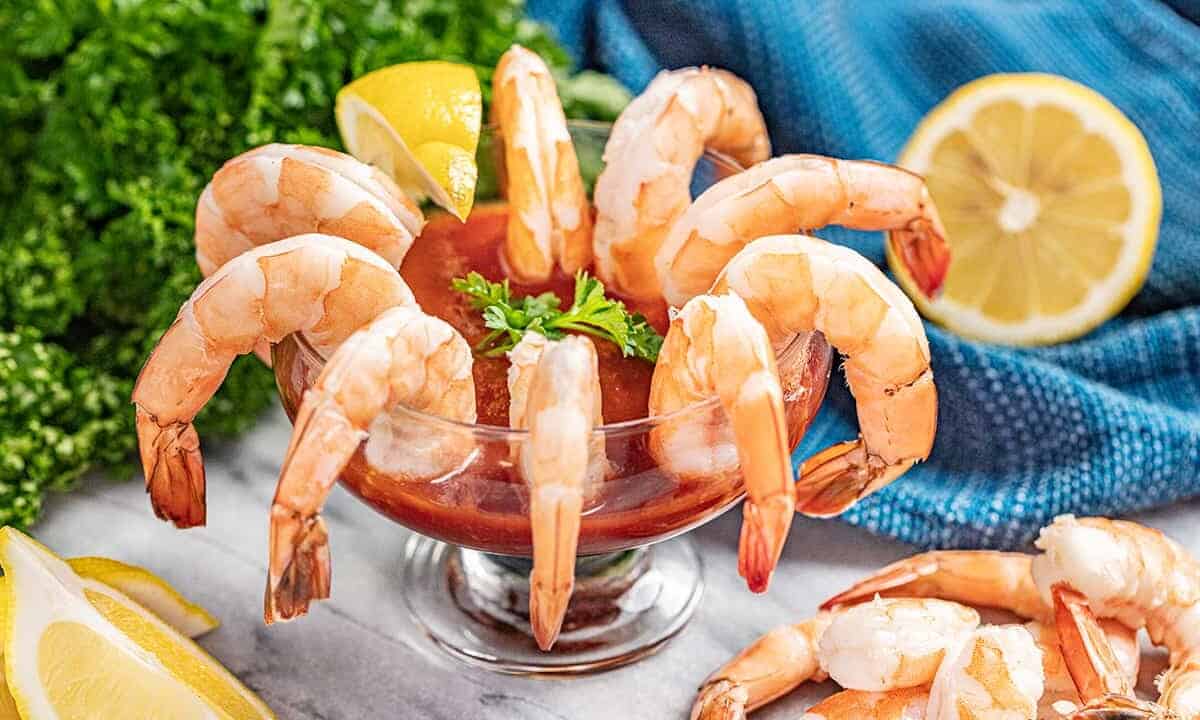 Shrimp cocktail in a glass.