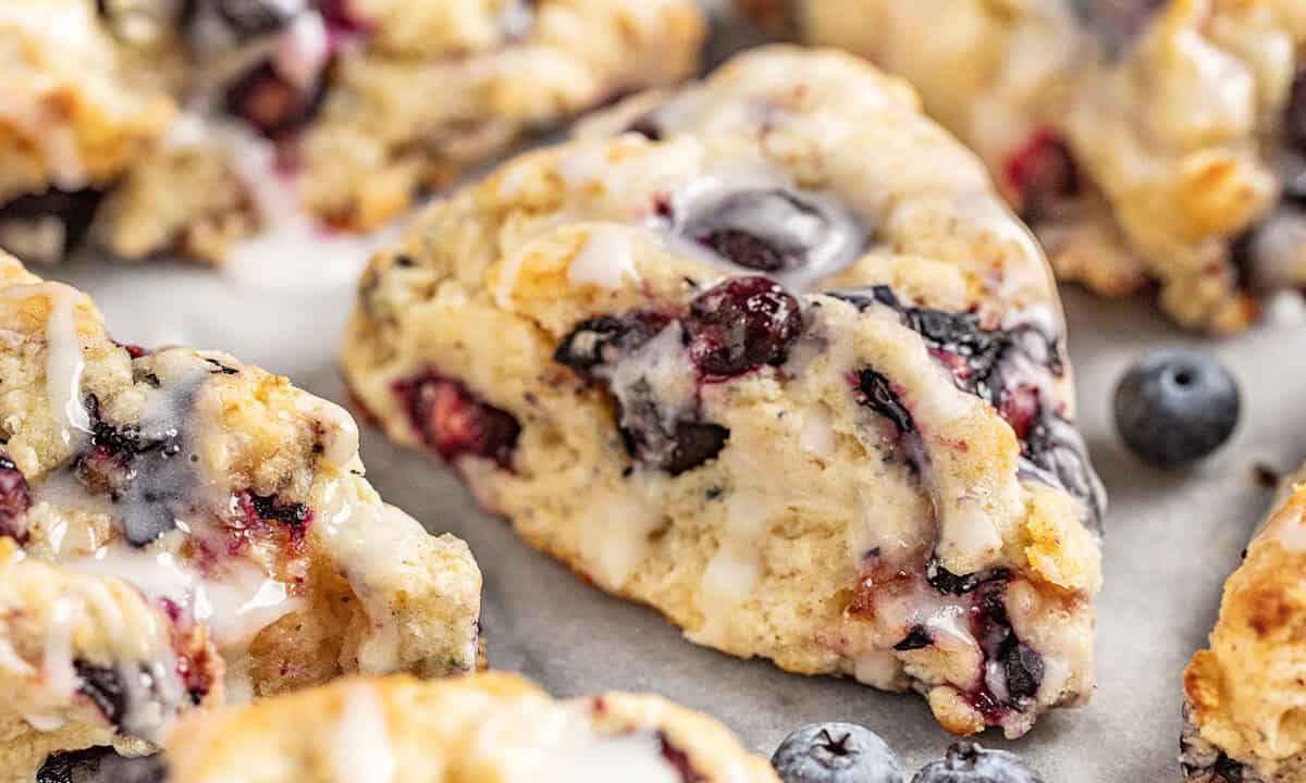 A close up view of homemade blueberry scones.